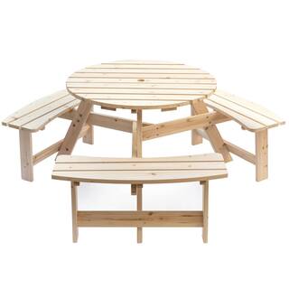 GARDENISED Natural 6-Person Round Wooden Outdoor Picnic Table with Bench for Patio with Umbrella Hole QI003904.N