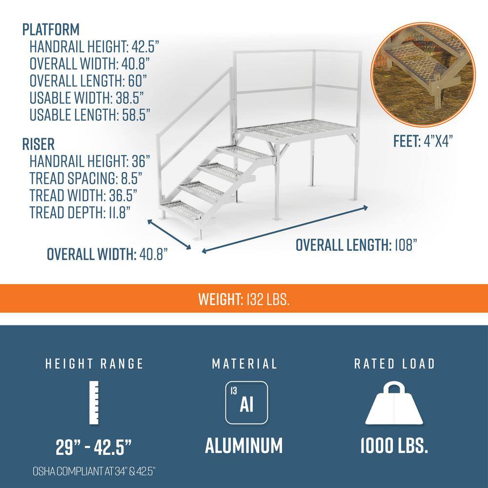 EZ-ACCESS Fortress 29 in. to 42.5 in. H OSHA Compliant Aluminum 4-Riser Stair System with Grip Grate Tread and Platform FORGG2942