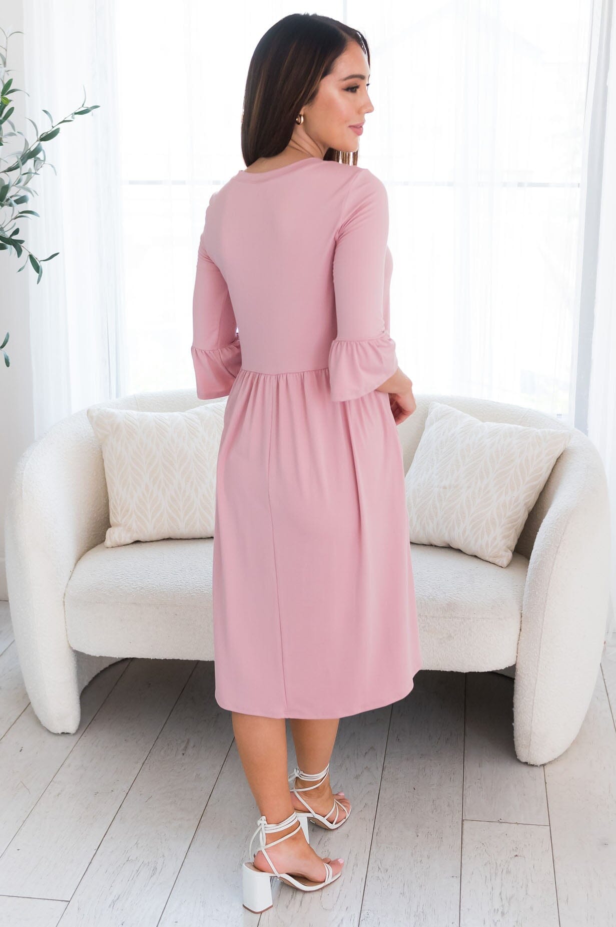 Zadie dusty pink bell-sleeved crew neck gown