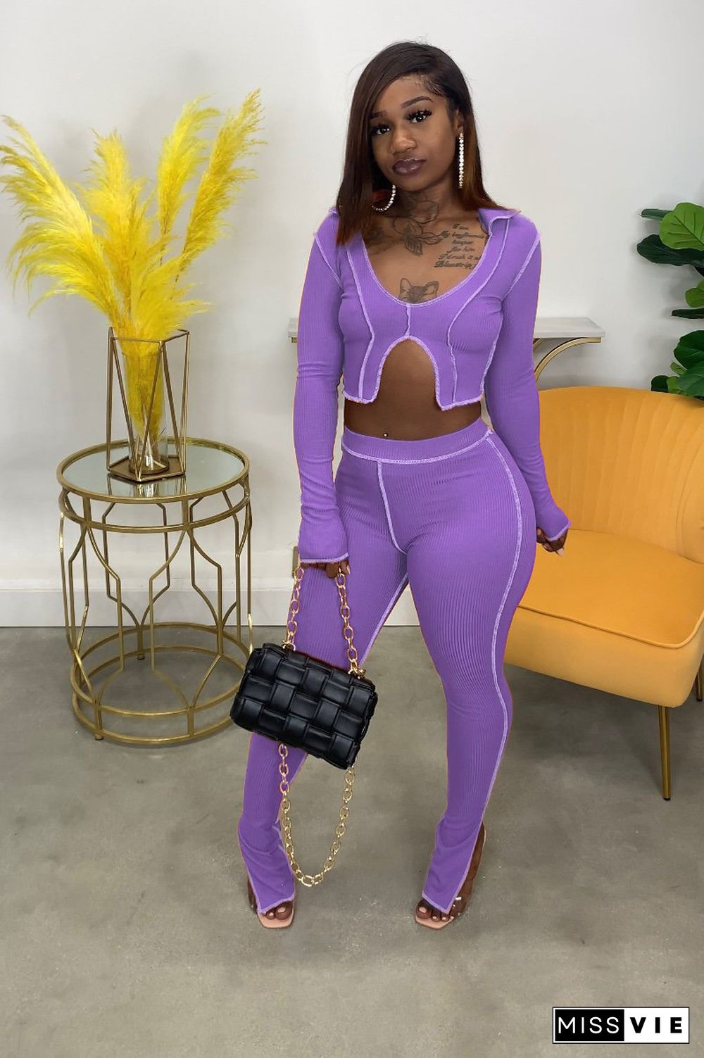 Article Pit Crop Top And Slit Flared Pants 2 Piece Set