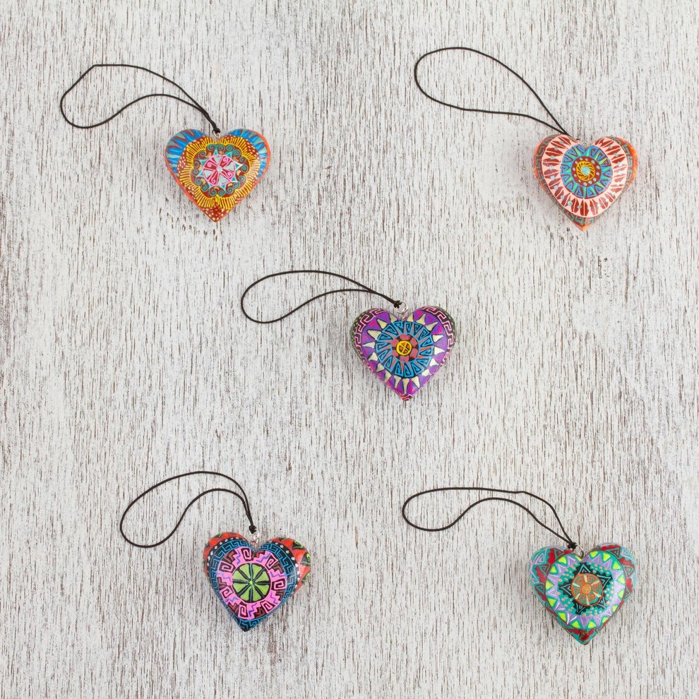 5 Piece Novica Alebrije Hearts Wood Ornaments   Southwestern   Christmas Ornaments   by NOVICA  Houzz