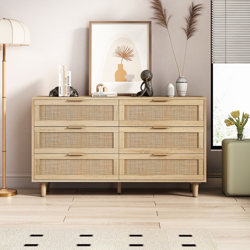 6 Drawer Dresser  Modern Rattan Dresser Chest with Wide Drawers  Farmhouse Storage Chest of Drawers for Bedroom  Living Room