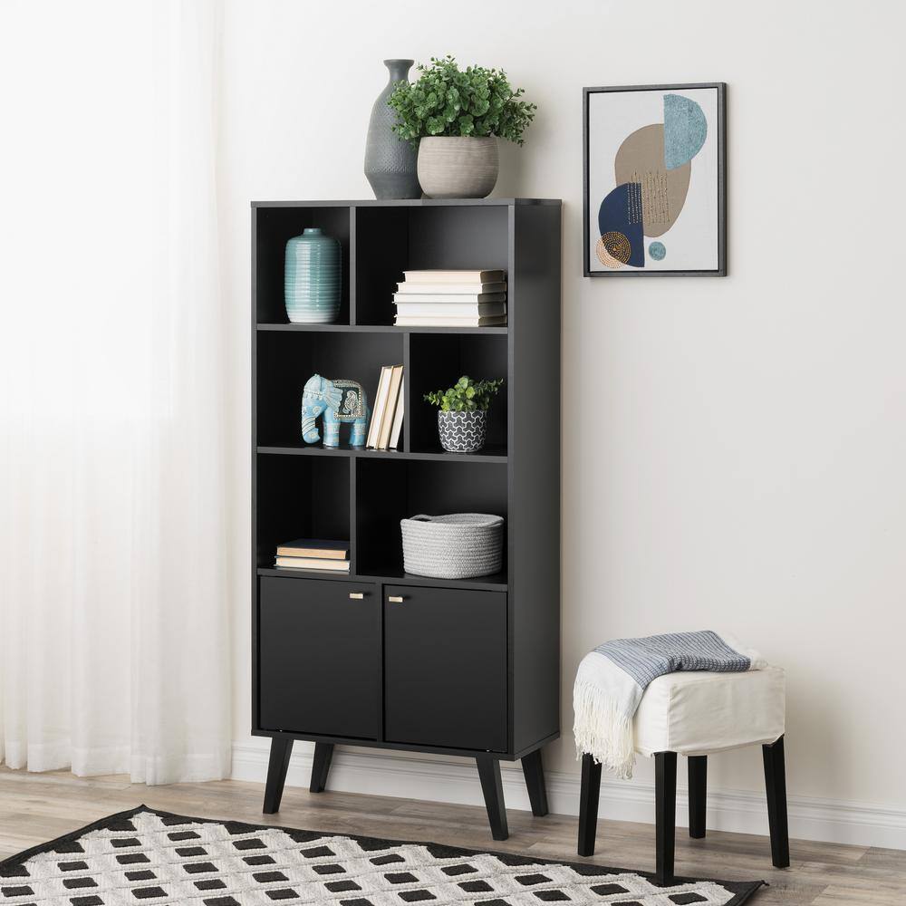 Prepac Milo Mid-Century Modern Bookcase with Inlet Shelves Two Doors and Brushed Brass-Finished Knobs Black BSBL-1418-1