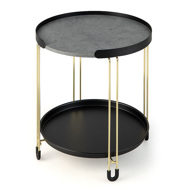 2-Tier Round Side Table with Removable Tray and Metal Frame for Small Space-Golden