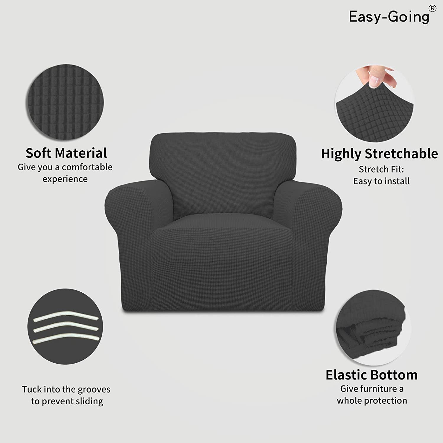 Easy-Going Jacquard Stretch Sofa Slipcover Non Slip Couch Cover, Chair Size, Dark Gray