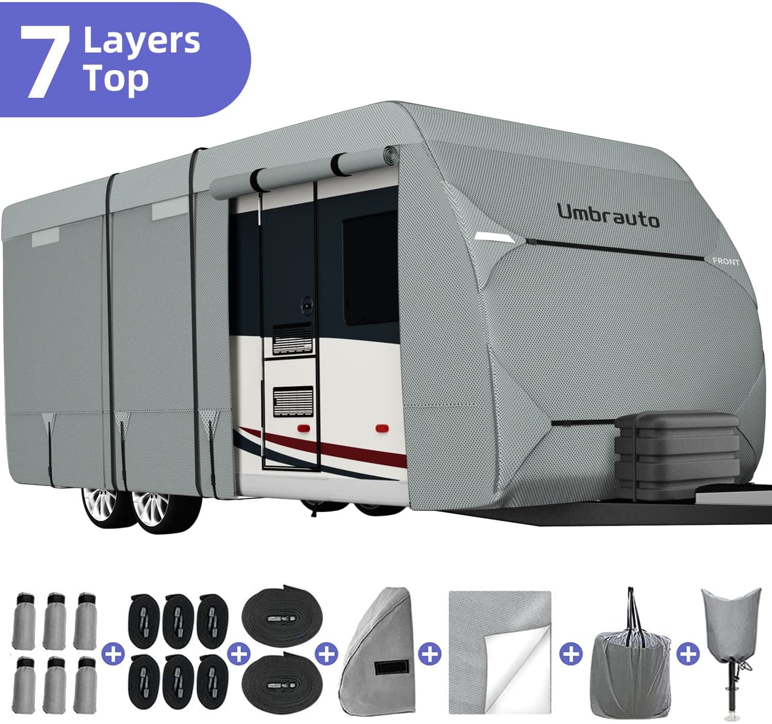 RV Cover 2022 Upgraded 7 Layers Top Travel Trailer Cover Windproof Camper Cover with RV Accessories Tongue Jack Cover， Gutter Covers， Storage Bag fits 14’-16’ RV