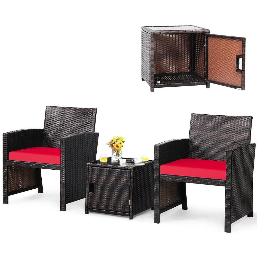 3PCS Patio Wicker Furniture Set Storage Table W/Protect Cover Red