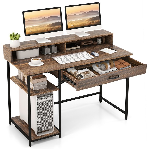 Costway 48 computer Desk With Monitor Stand Home Office Writing Desk With Storage Drawer And 2 Open Shelves Rustic Brown