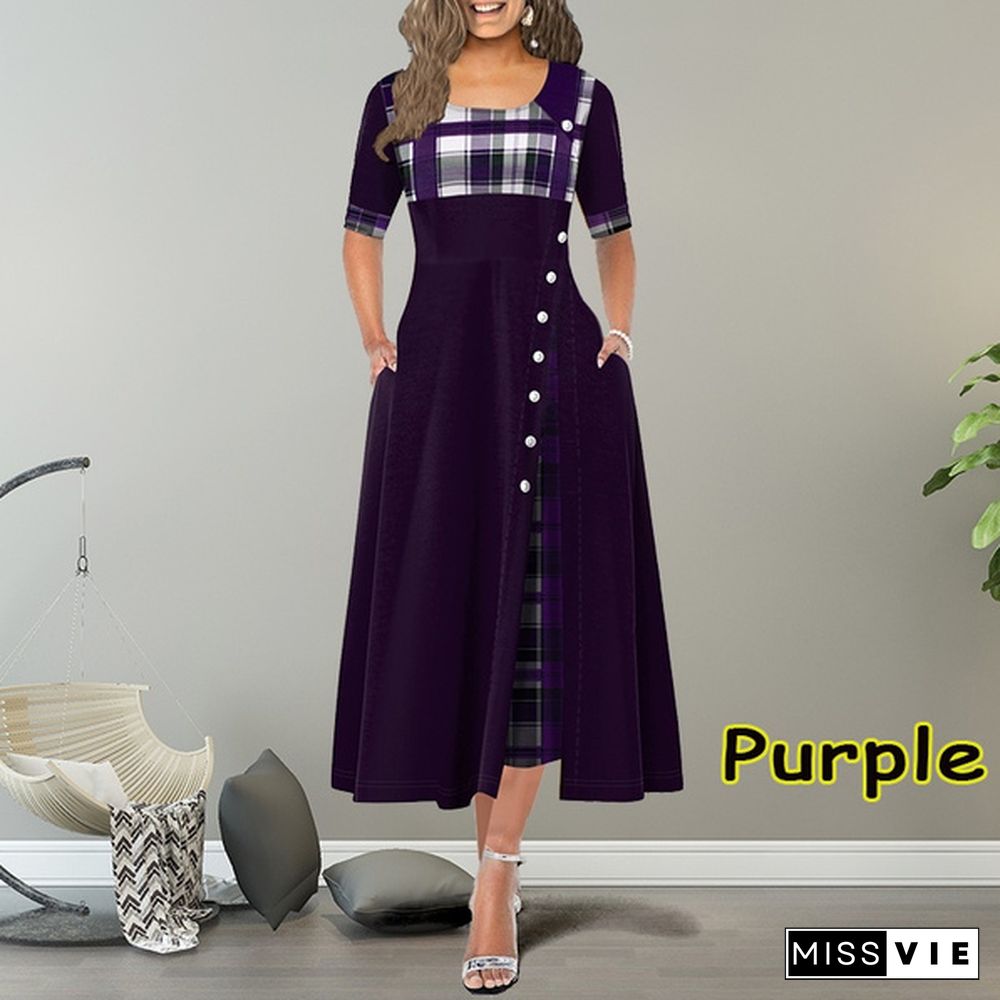 New Women Short Sleeve Plaid Print Elegant Dress Comfy Round Neck High Waist Long Skirt Retro Button Design Maxi Dress Daily Casual Dress Plus Size