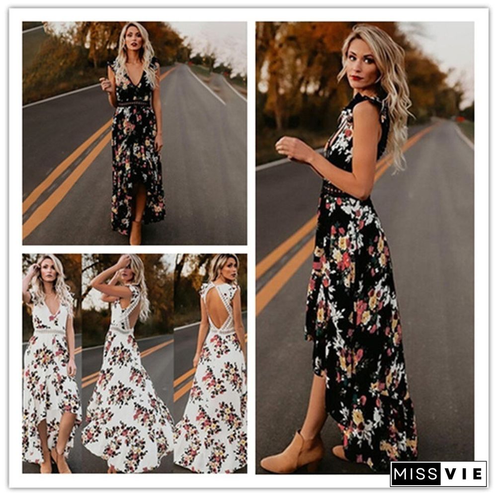 Maxi Irregular Boho Dress Summer Floral Print Sexy V-Neck Hem Dresses Holiday Bohemia Long Women Dress