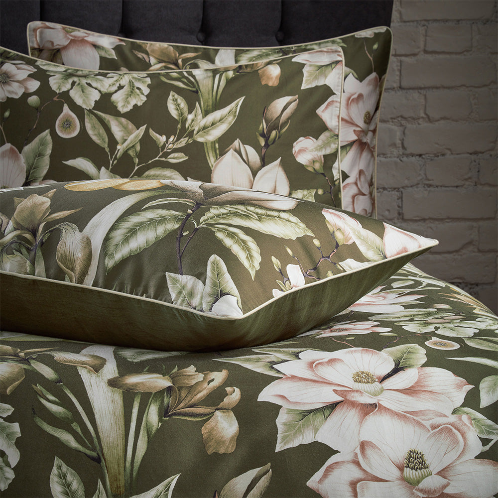 LavishGreenFloralPrintedPipedCottonSateenPillowcasePairMossEWbyEdinburghWeavers