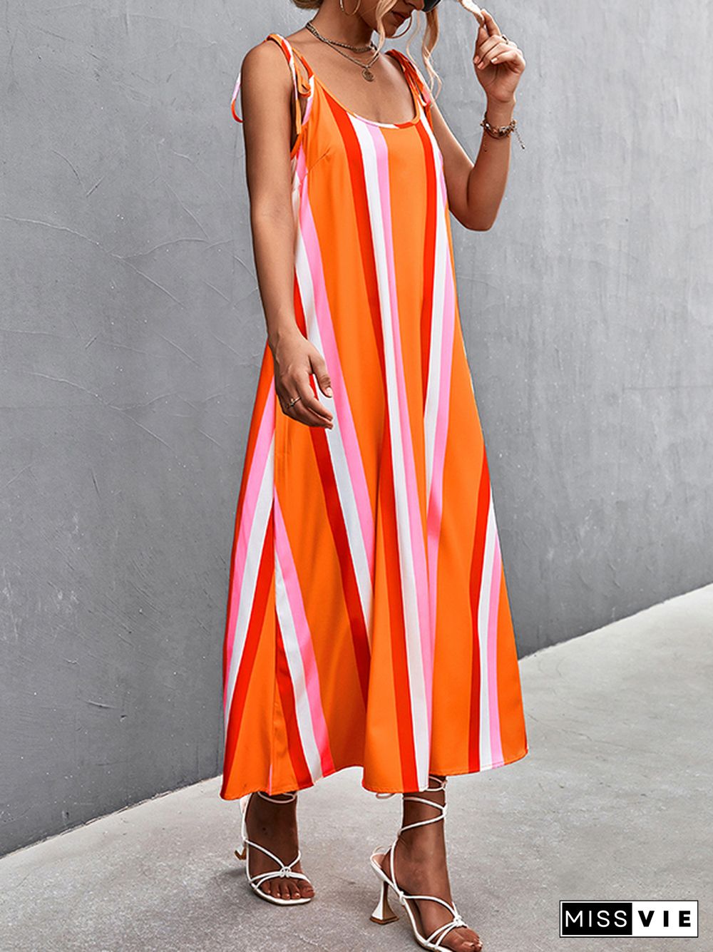 Loose Sleeveless Contrast Color Striped Tied U-Neck Midi Dresses Slip Dress