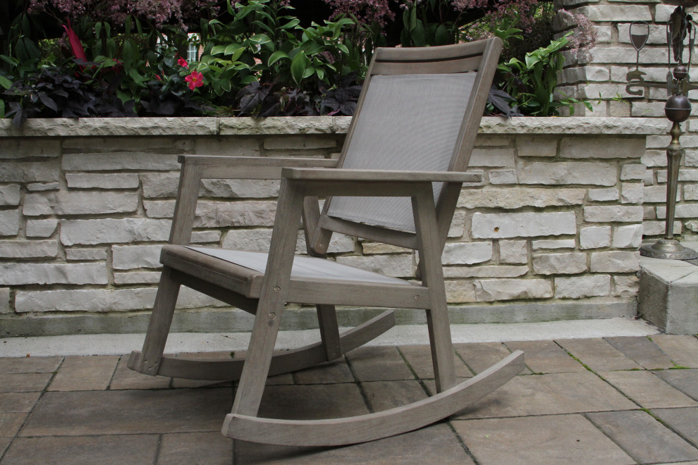 3 Piece Gray Wash Eucalyptus Sling Rocking Chair Set With Mosaic Accent Table   Farmhouse   Outdoor Lounge Sets   by Outdoor Interiors  Houzz