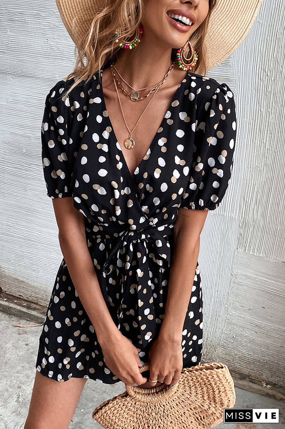 Wrap V Neck Spot Print Romper With Sash