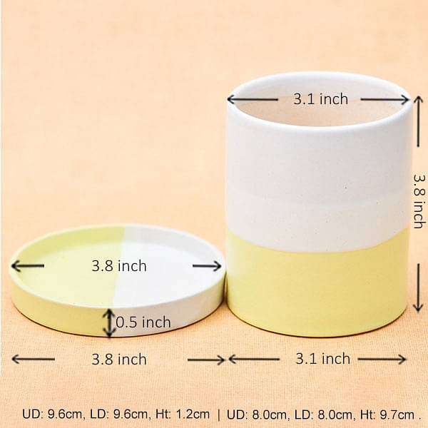 3.1 inch (8 cm) CP046 Cylindrical Ceramic Pot with Plate (White, Yellow) (set of 2)