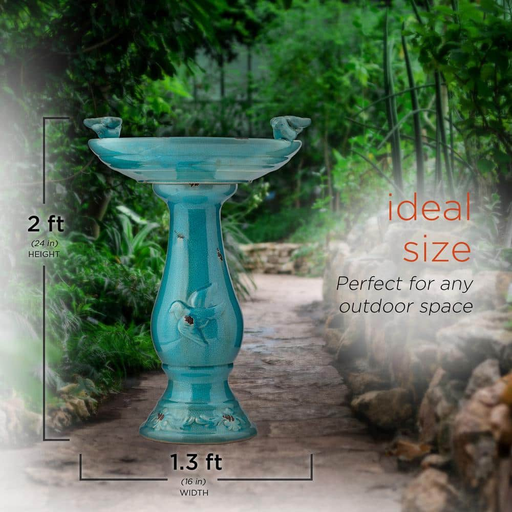 Alpine Corporation 24 in. Tall Outdoor Ceramic Antique Pedestal Birdbath with 2 Bird Figurines， Turquoise TLR102TUR