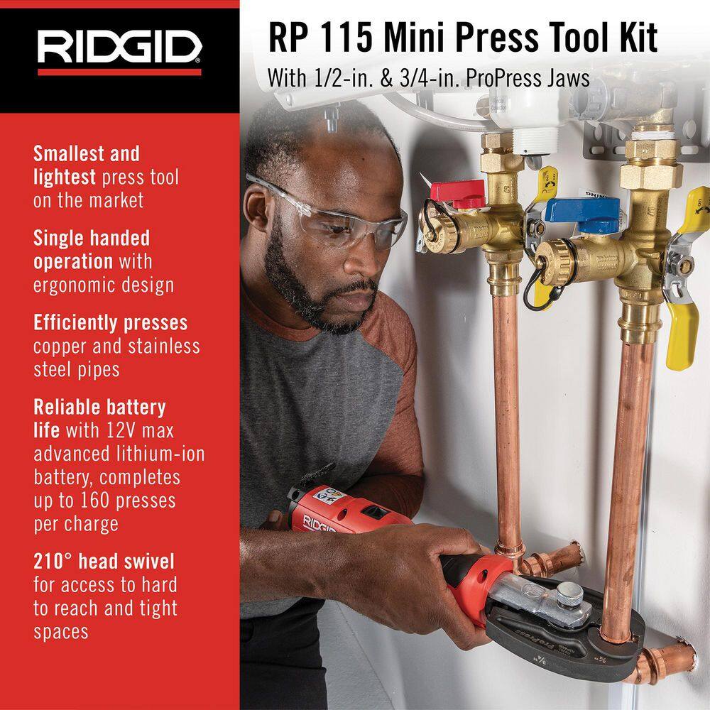 RIDGID RP 115 Mini Press Tool Kit for 12 in. - 34 in. Copper  Stainless Fittings with 12V Li-Ion Battery (Includes 6 Items) 72553