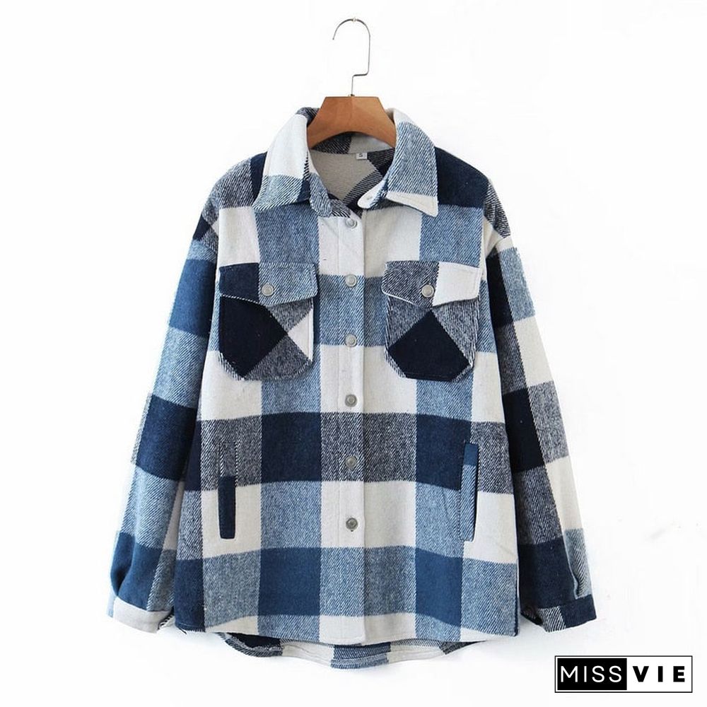 Womens Plaid Shirt Jacket Coat Ladies Pockets Thick Turn Down Collar Plus Size Female Outerwear