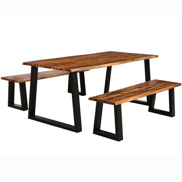 Gymax Picnic Table Set Acacia Wood 3 Piece Table Bench Outdoor Patio