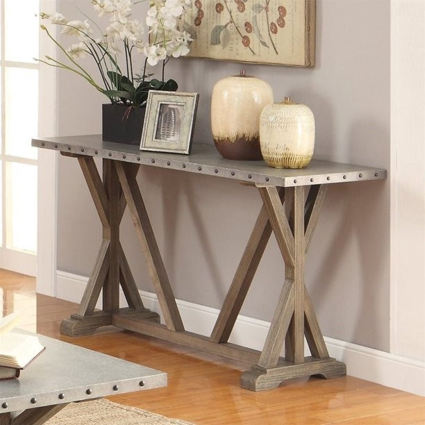 Industrial Console Table  Driftwood Wooden Base  Top With Nailhead Trim Accents   Farmhouse   Console Tables   by Declusia  Houzz