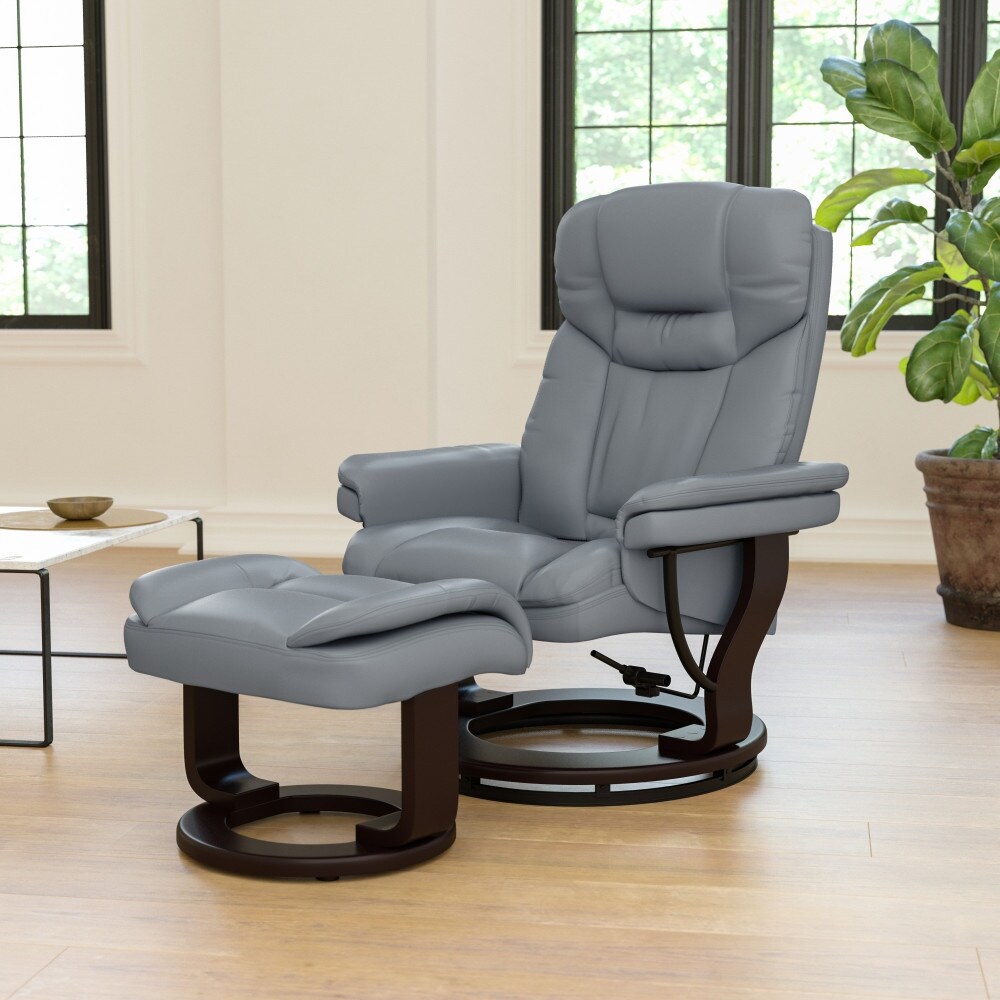 Contemporary Multi Position Recliner and Curved Ottoman with Swivel Base