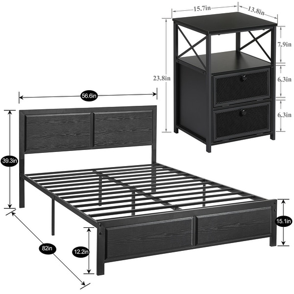 Industrial 3 Piece Bedroom Set Platform Bed Frame and Nightstands Set of 2， Black - - 37127705