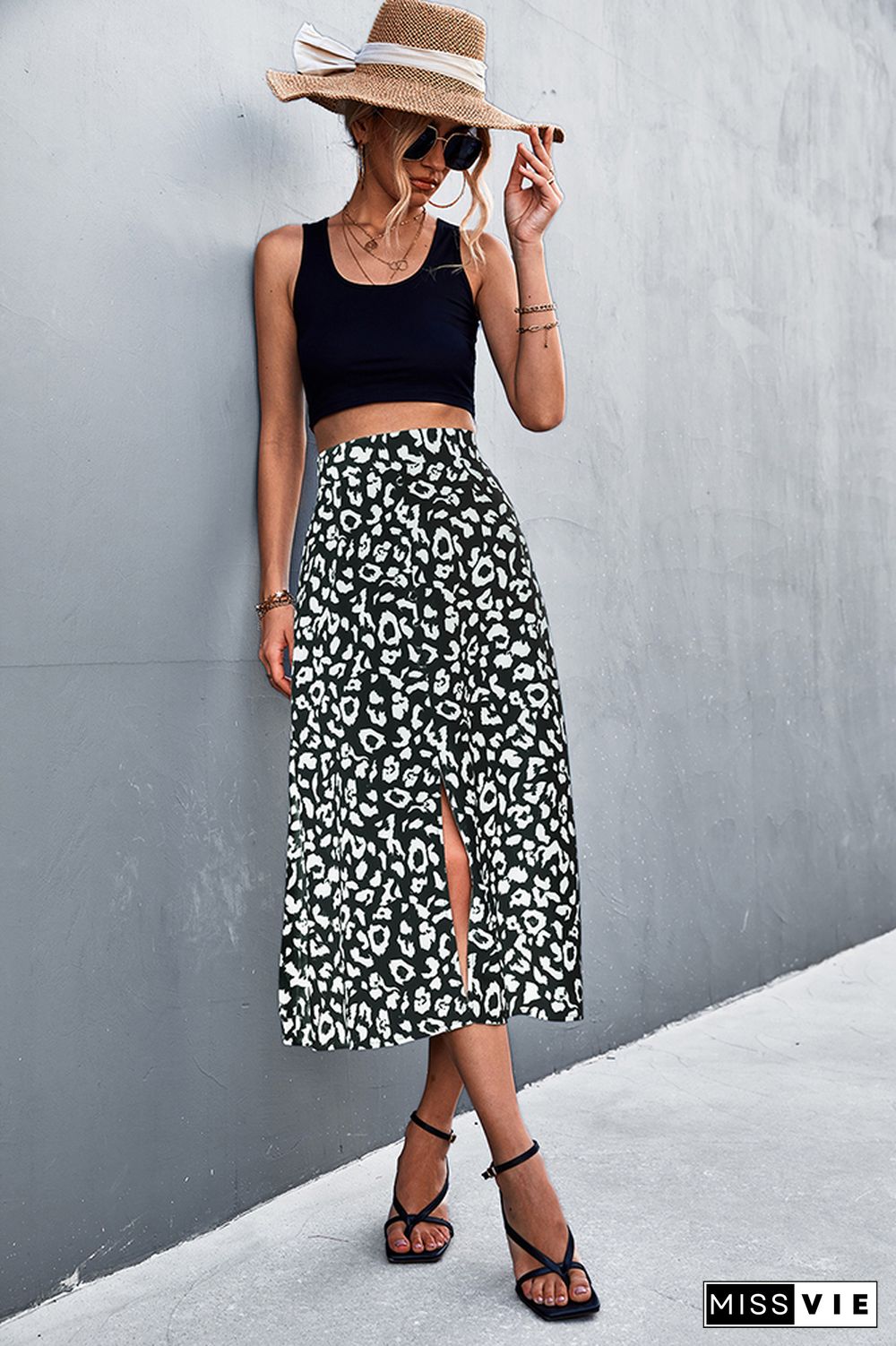 High Waist Leopard Print Split Skirt Wholesale