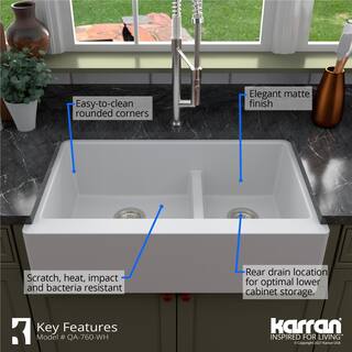 Karran QA-760 QuartzGranite 34 in. Double Bowl 6040 FarmhouseApron Front Kitchen Sink in White with Grid and Strainer QA-760-WH-PK1