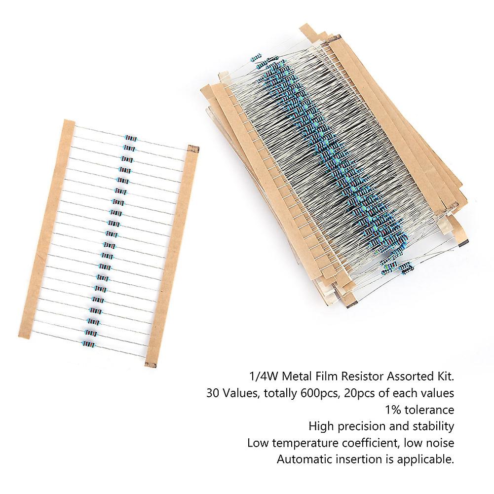 600pcs Lot 1/4w 1% Metal Film Resistor Kit 10-1m 30 Values Assorted Resistors Each 20pcs