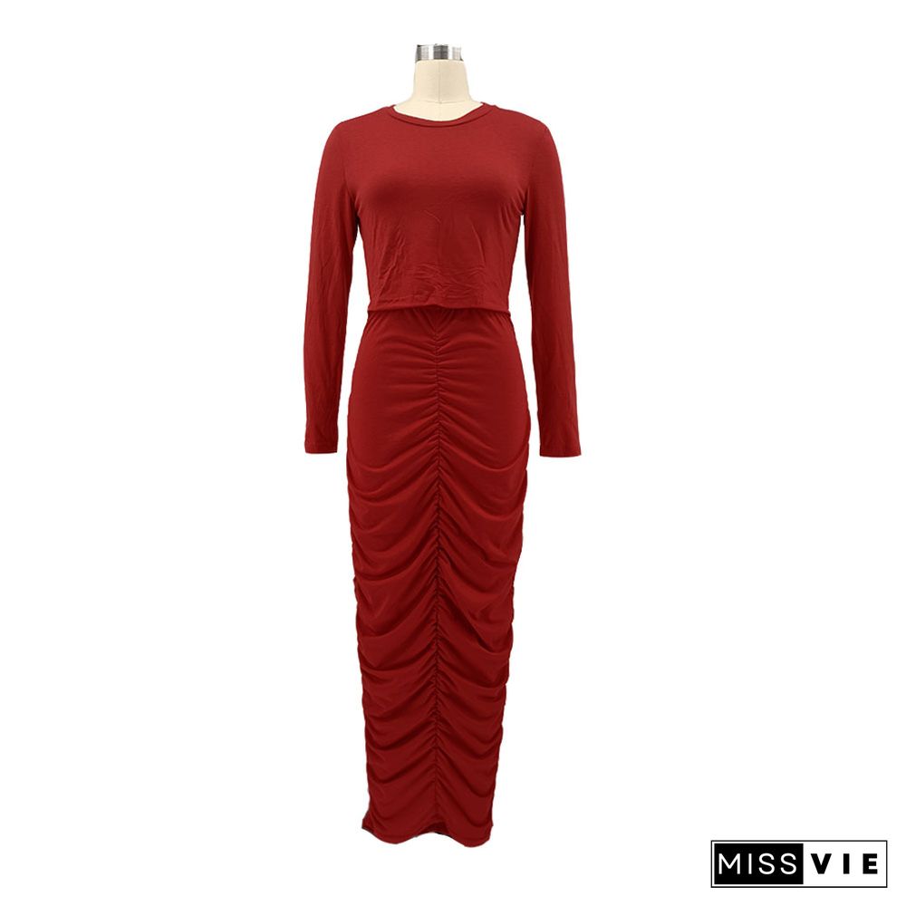 Long Sleeve Round Neck Pleated Bodycon Dress