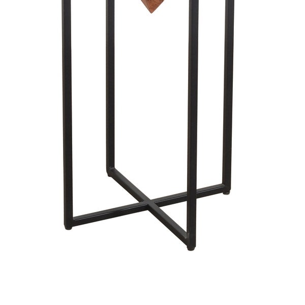 30 Inch Pyramid Shape Wooden Side Table With Cross Metal Base， Brown and Black