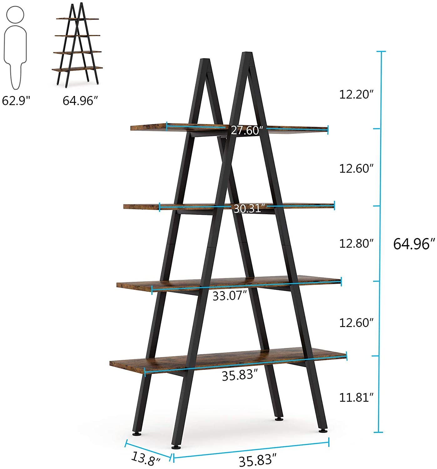 4-Tier Bookshelf, A-Shaped Bookcase Industrial Ladder Display Shelf