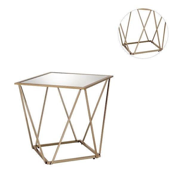 Square Mirrored End Table with Metal Base in Champagne Gold Finish