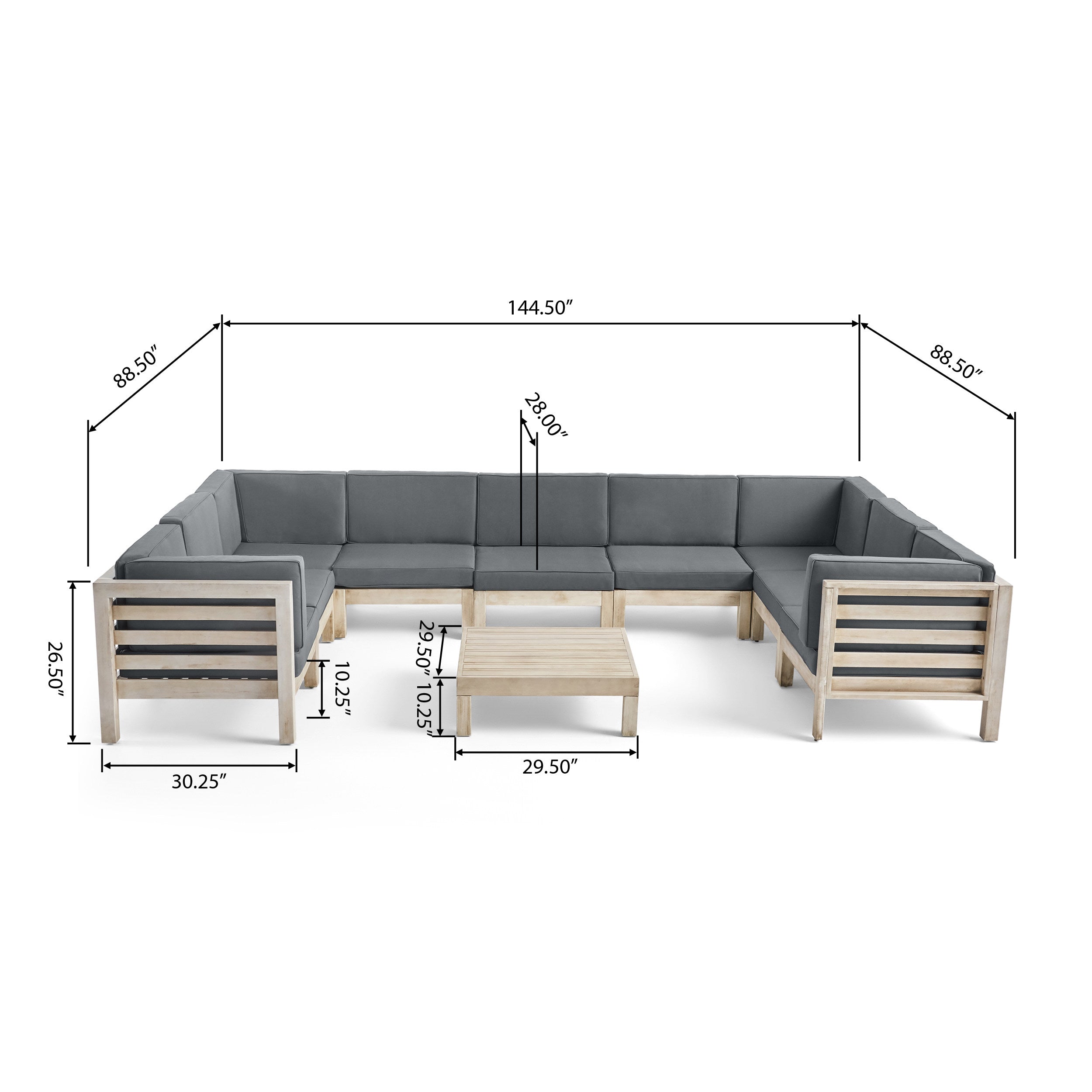 Ravello Outdoor 9 Seater Acacia Wood Sectional Sofa Set, Weathered Gray Finish and Dark Gray