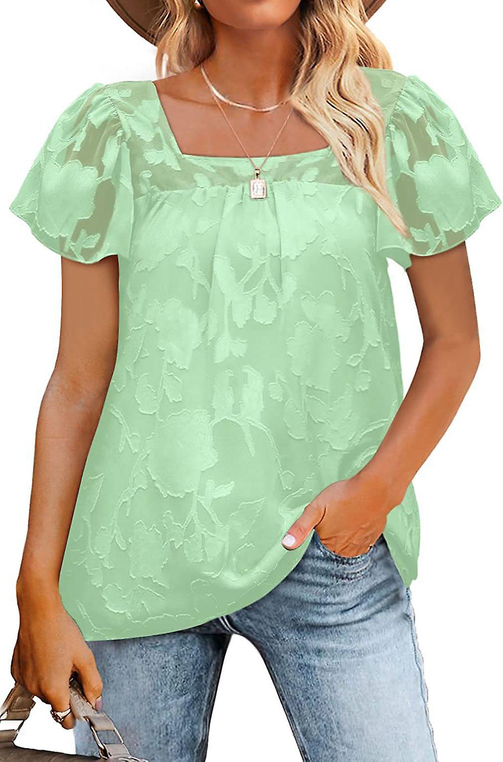 Women Short Sleeve Square Neck Summer Tops Puff Sleeve Lace Floral Flowy Ladies Chiffon Blouse