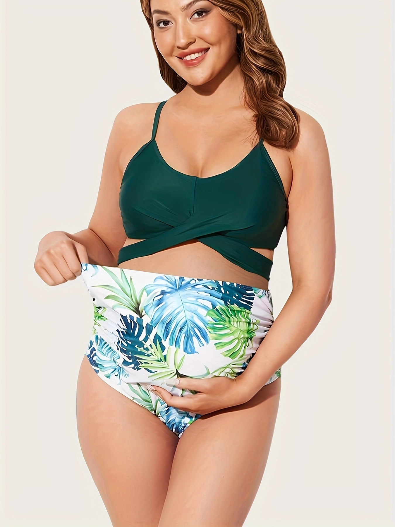 Maternity Criss Cross Bikini Swimsuits High Waist String Floral Bathing Suit Two Piece Pregnancy Swimwear