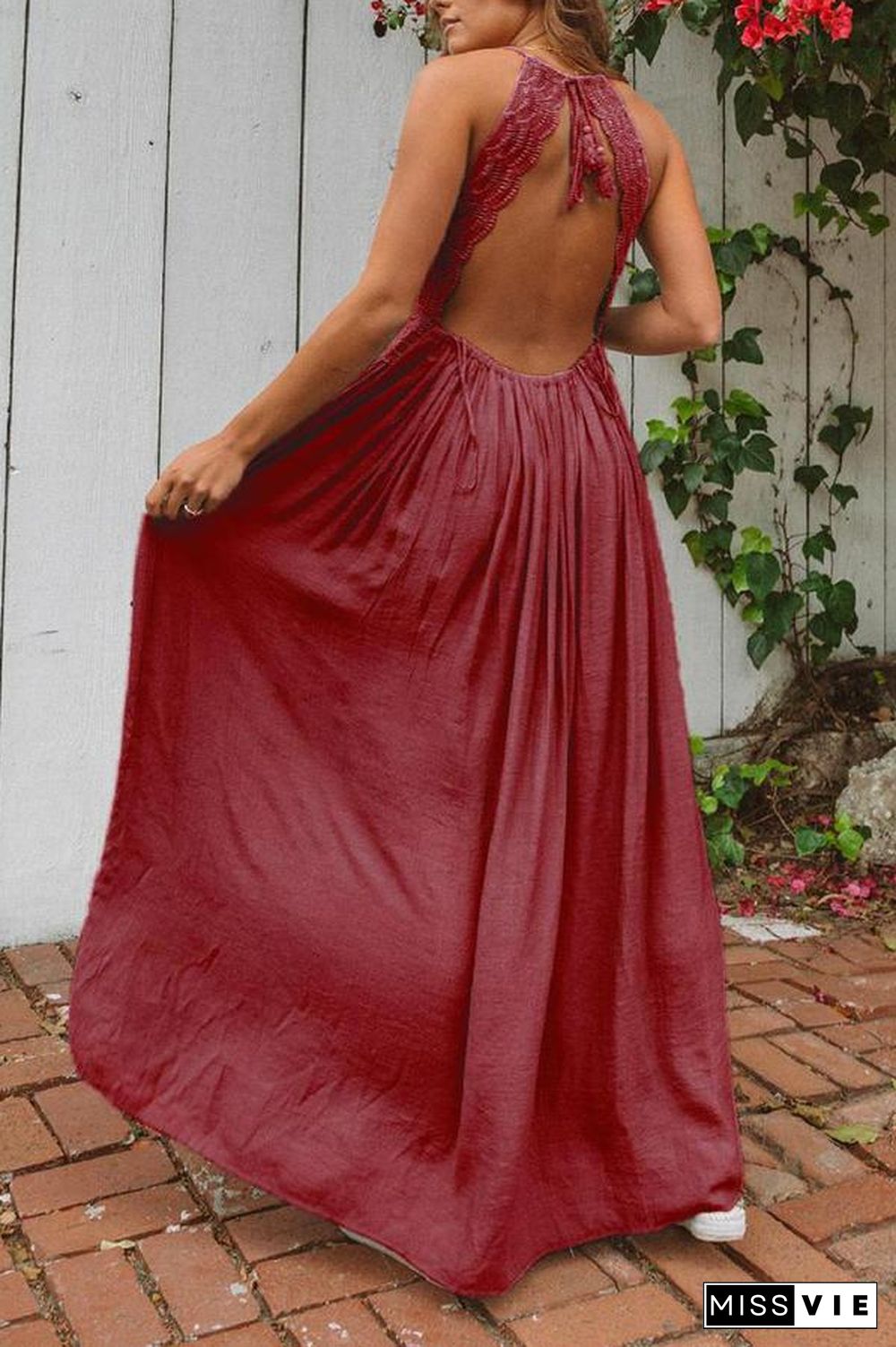 V Neck Spaghetti Straps Lace Panel Maxi Dress