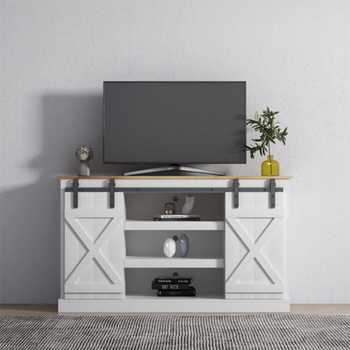 Farmhouse white MDF TV stand 65 inch flat media console table storage wood cabinet