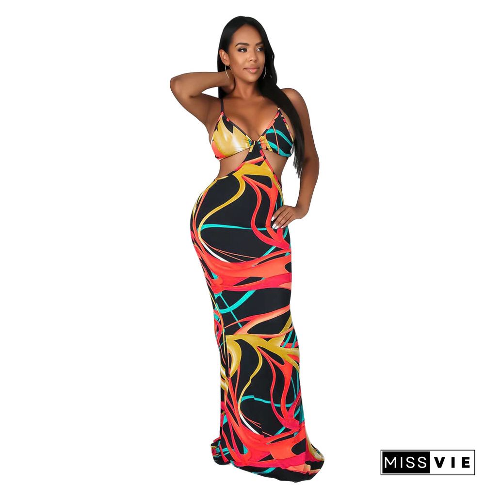 Printing Spaghetti Strap Cut Out Bodycon Maxi Dress