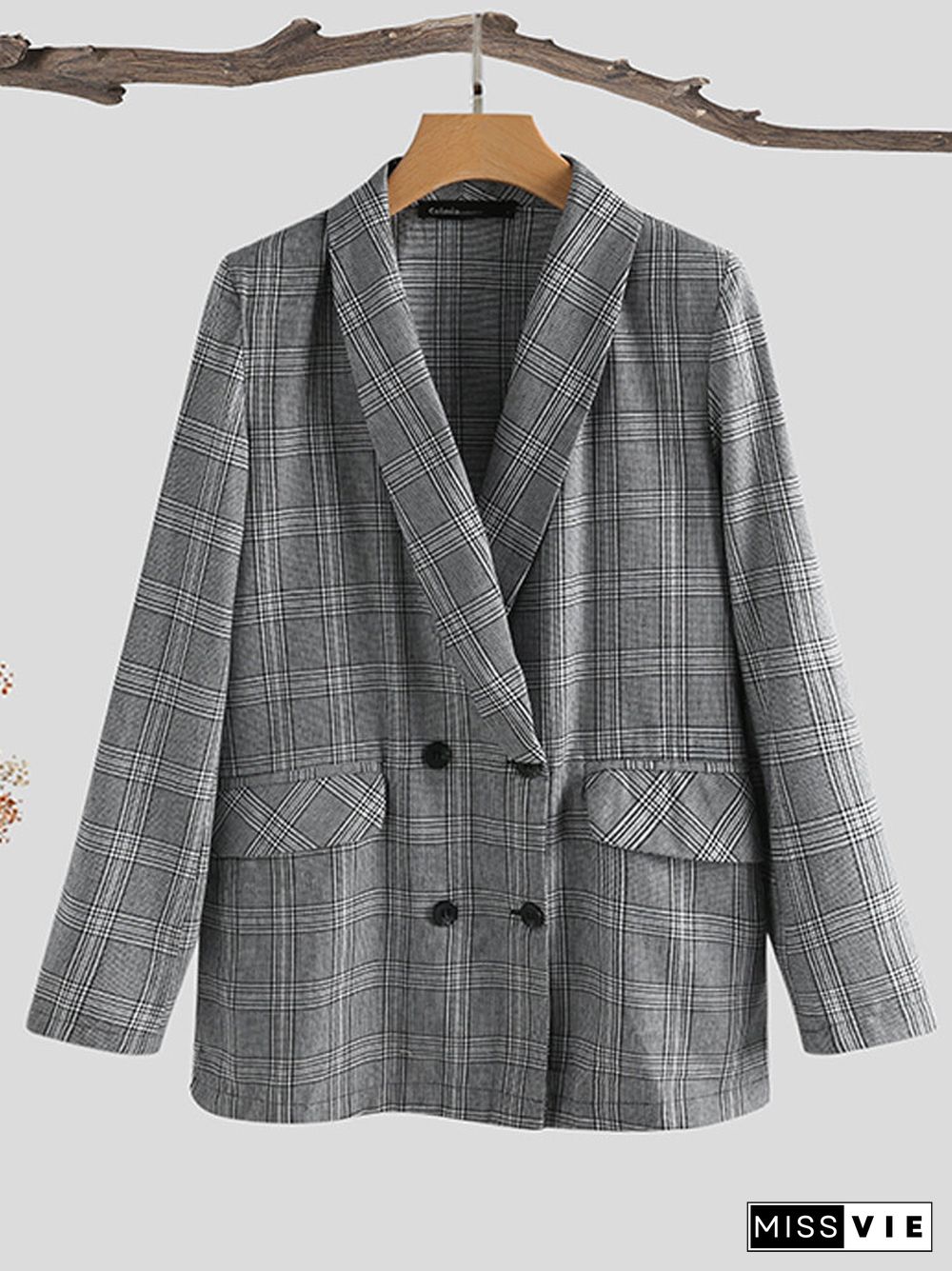 Plaid Print Button Pocket Blazer Long Sleeve Casual Jacket Coat for Women