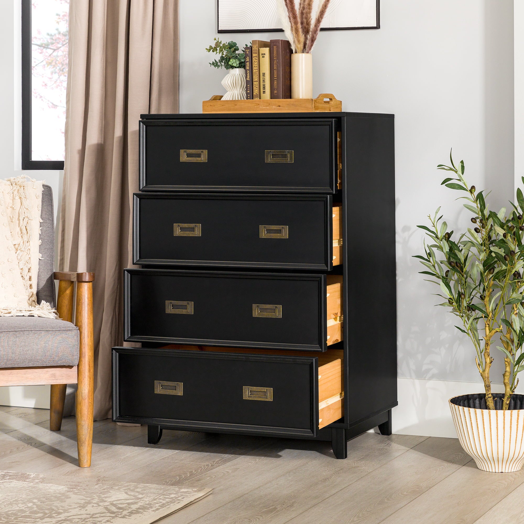 Manor Park Classic Modern Solid Wood 4-Drawer Dresser, Black