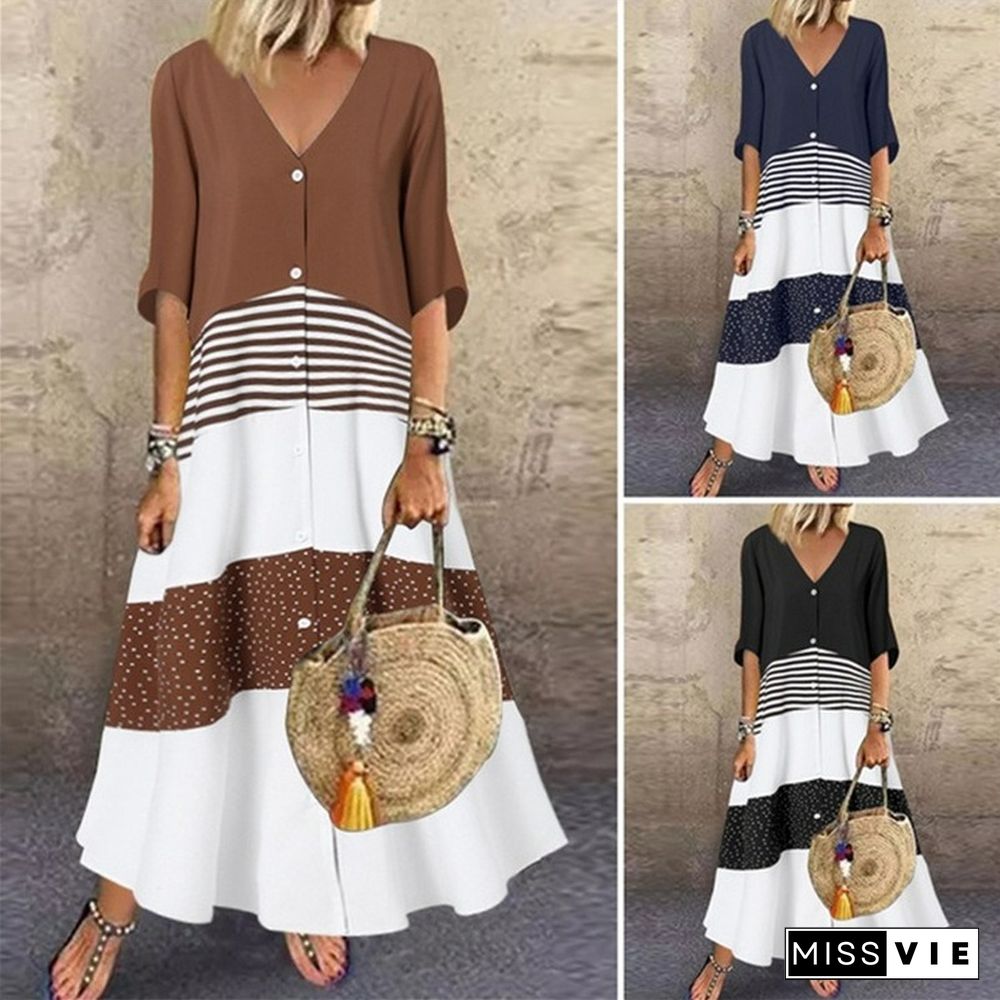 Summer V-Neck Short Sleeve Printed Long Dress Button Casual Dress Vestidos De Mujer