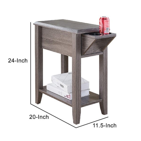 24 Inch Wood Chairside End Table， 1 Drawer， 2 Cupholders， Distressed Grey - 24 H x 11.5 W x 20 L Inches