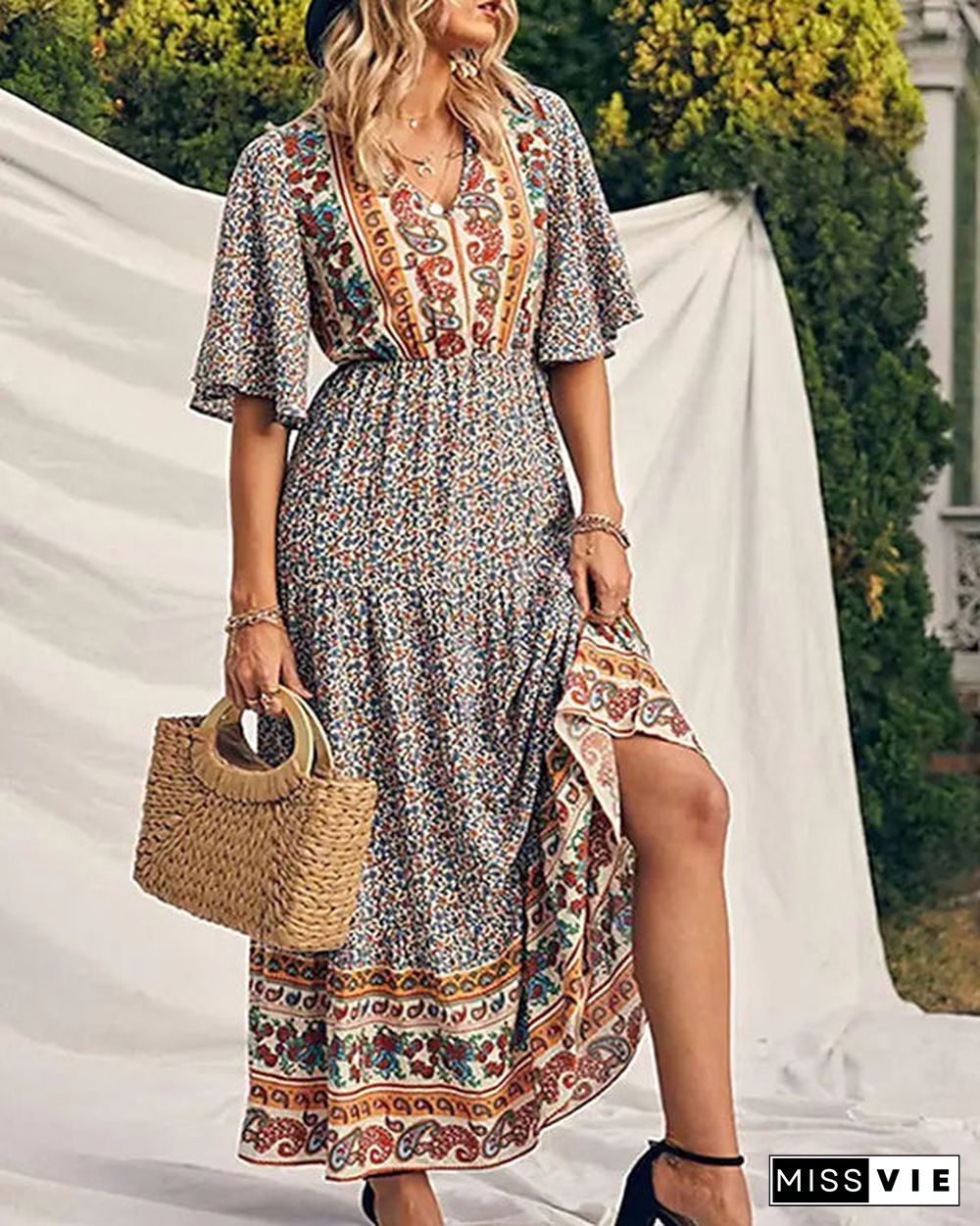 Casual Vintage Boho V-Neck Print Dress