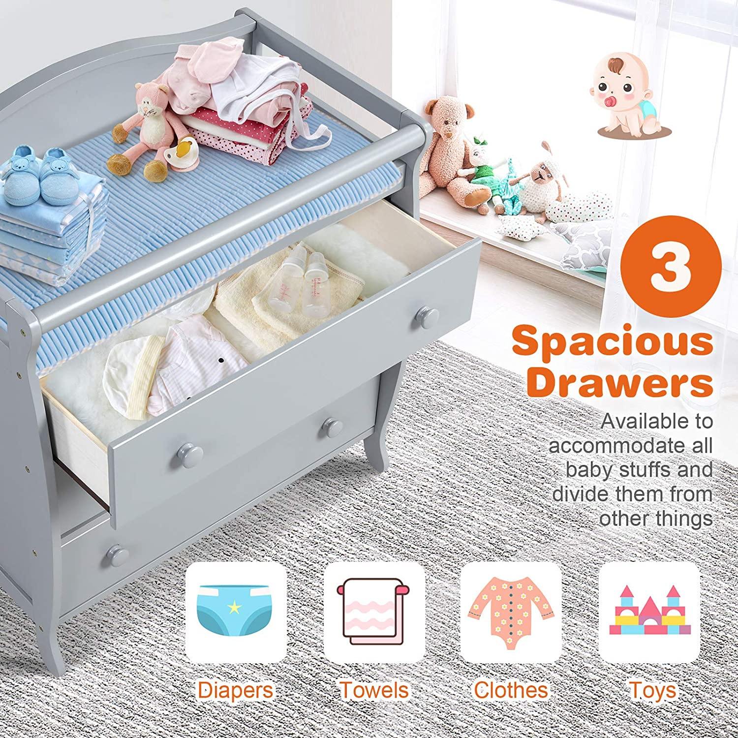 Costzon 3 Drawer Baby Changing Table, Infant Diaper Changing Station with Safety Belt & Enclosed Guardrails