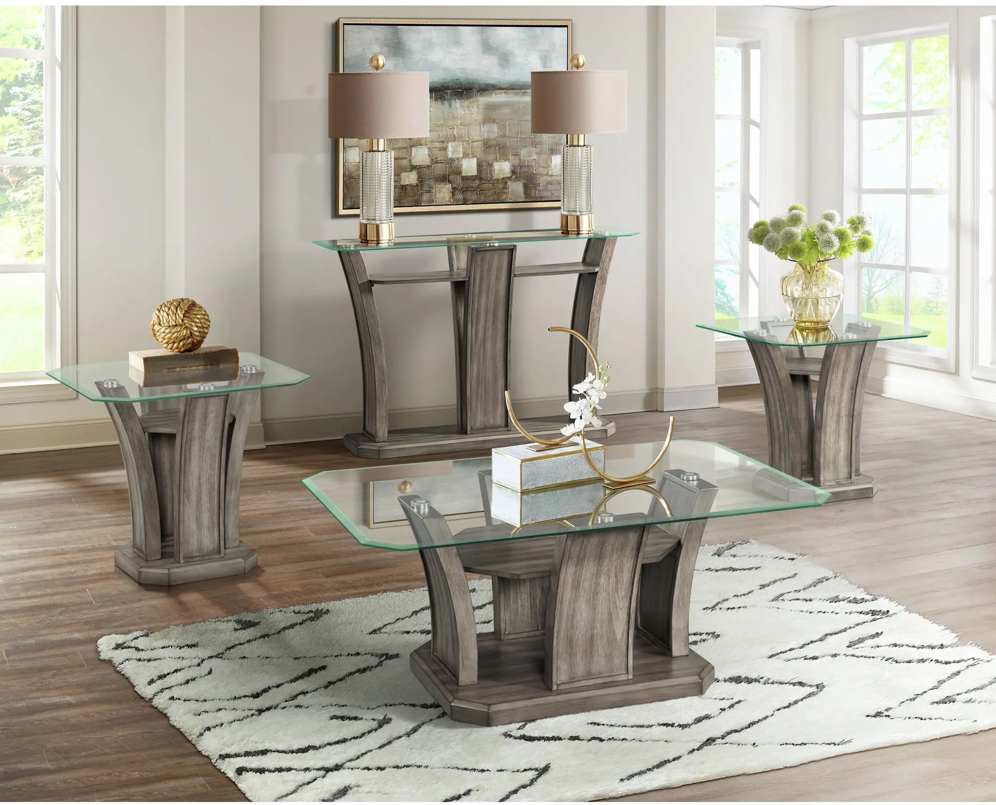 Dapper Gray Pedestal Console Table with Glass Top