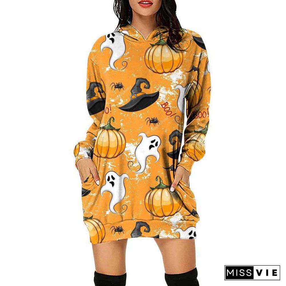 Casual Long Sleeve Graphic Print Hoodie Sweatshirt Mini Dress