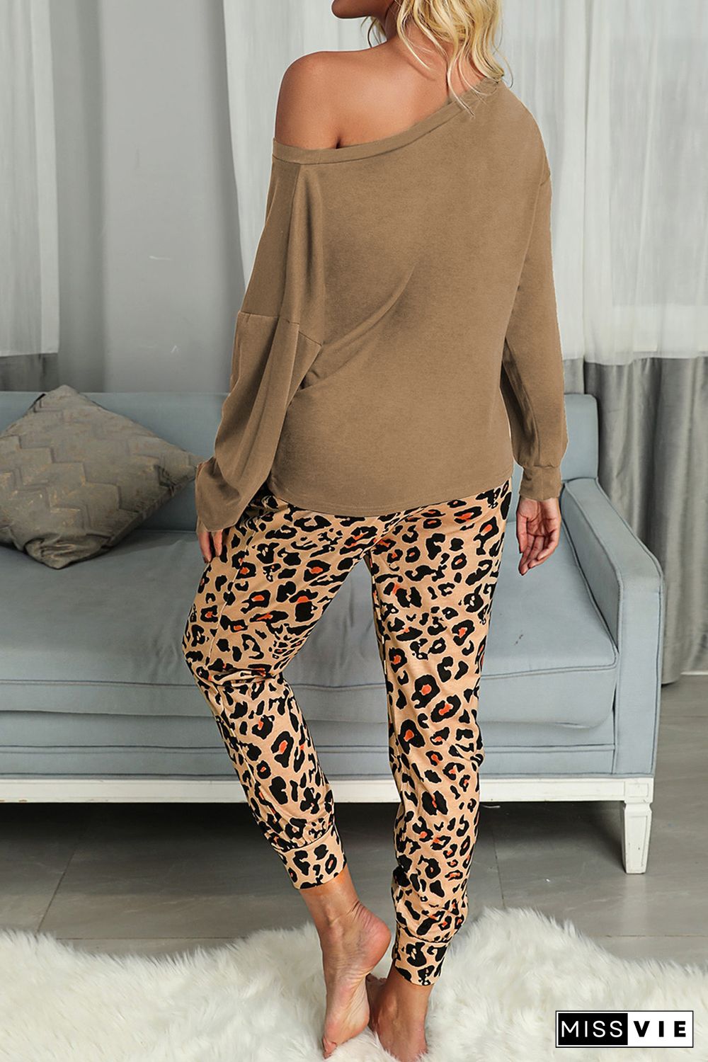 Brown Casual Long Sleeve Leopard Pants Loungewear Set