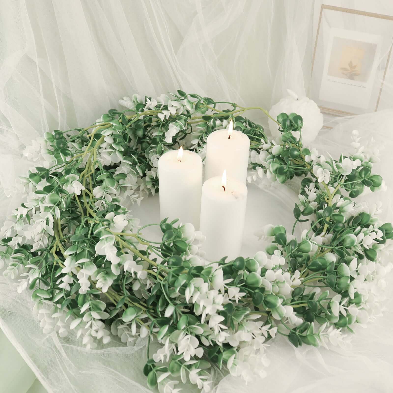 White / Green Artificial Eucalyptus Leaf Table Garland, Real Touch Hanging Greenery Vine 6ft