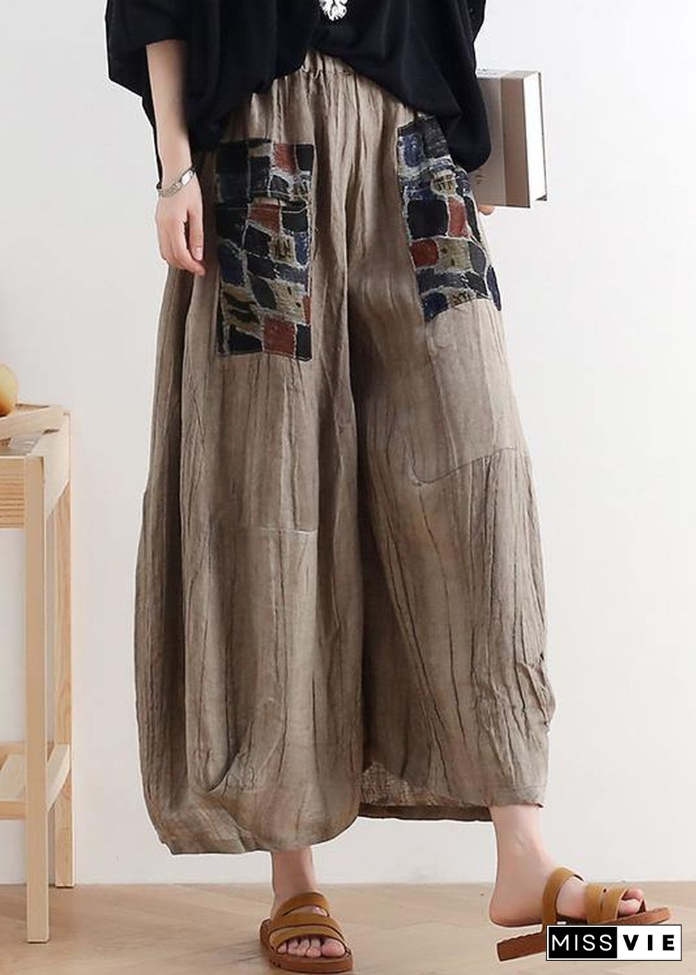 summer original design linen nude patch retro wide-leg pants